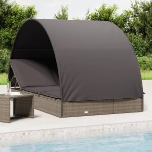 2-Person Sunbed with Round Roof Grey 211x112x140 cm Poly Rattan