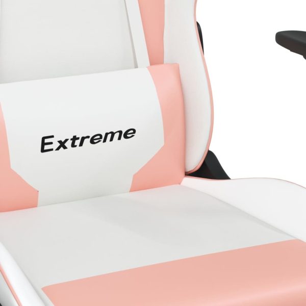 Massage Gaming Chair with Footrest White&Pink Faux Leather