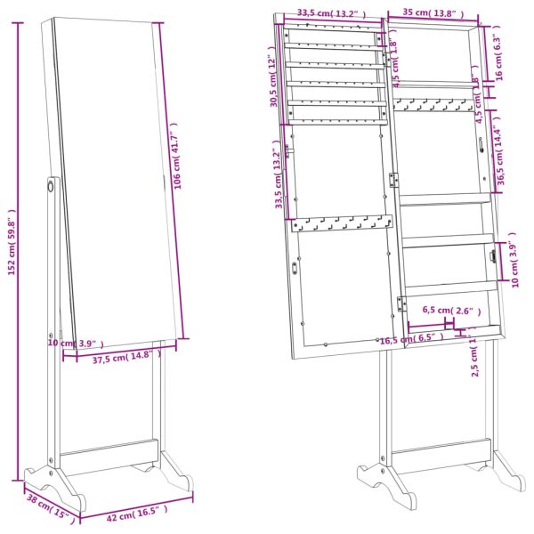 Mirror Jewellery Cabinet Free Standing White 42x38x152 cm