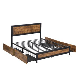 Clare Metal Bed Frame Queen Mattress Base Platform Wooden 4 Drawers Rustic