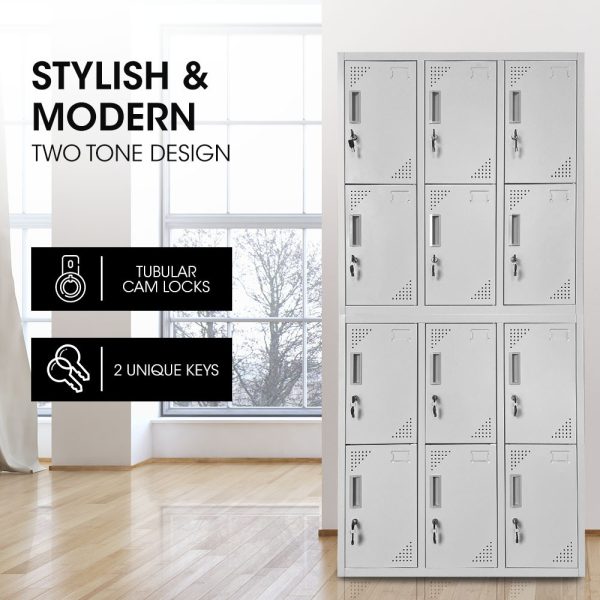 FORTIA 12 Doors Locker Cabinet Metal Storage Gym Home Office School – Light Grey