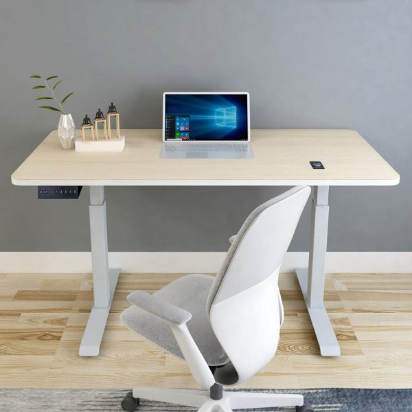 140cm Standing Desk Height Adjustable Sit Stand Motorised Grey Dual Motors Frame Maple Top