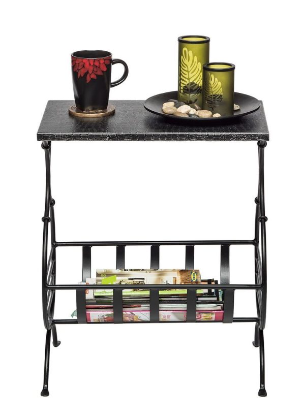 Wauconda Black Iron Side Table with Magazine Storage and Silver Finish Top