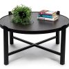Modern Black Round Coffee Table with Copper Finish Engraved Top