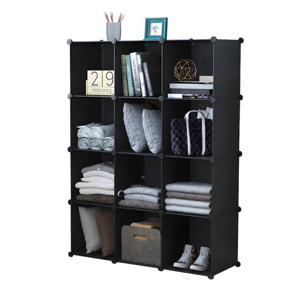 4 Tier 12-Cube Black Portable Wardrobe Divide-Grid Modular Storage Organiser Foldable Closet