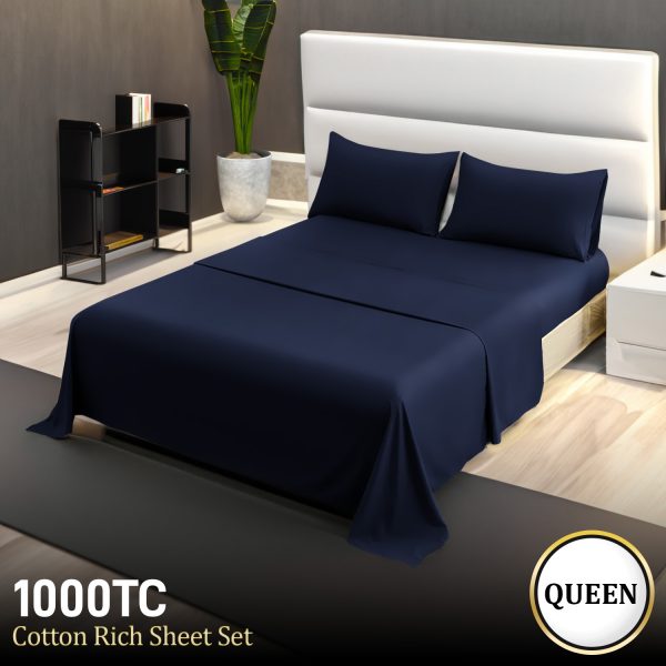 4pc 1000 Thread Count Cotton Rich Queen Bed Sheet Set CVC Navy