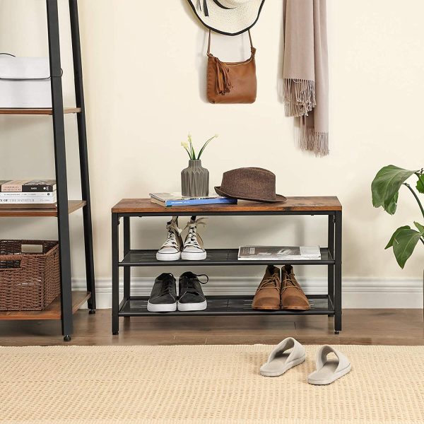 Shoe Rack with 2 Mesh Shelves, Rustic Brown and Black