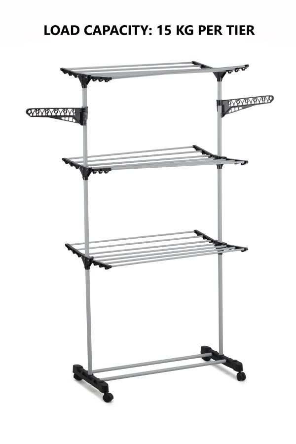 Folding 3 Tier Clothes Laundry Drying Rack with Stainless Steel Tubes for Indoor & Outdoor Home