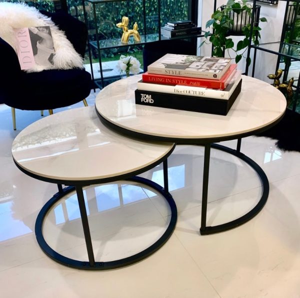 Executive Stone Nested Coffee Table Set – White & White