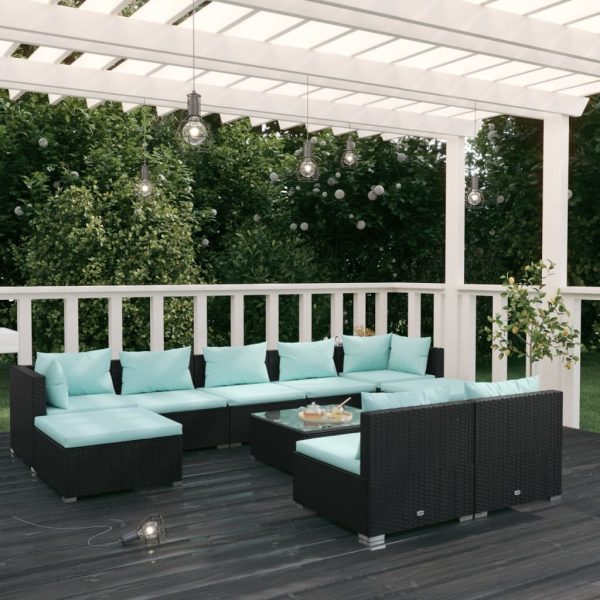 Garden Lounge Set with Cushions Black Poly Rattan