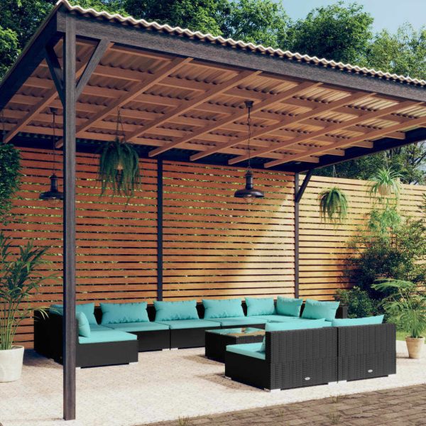 Garden Lounge Set with Cushions Black Poly Rattan