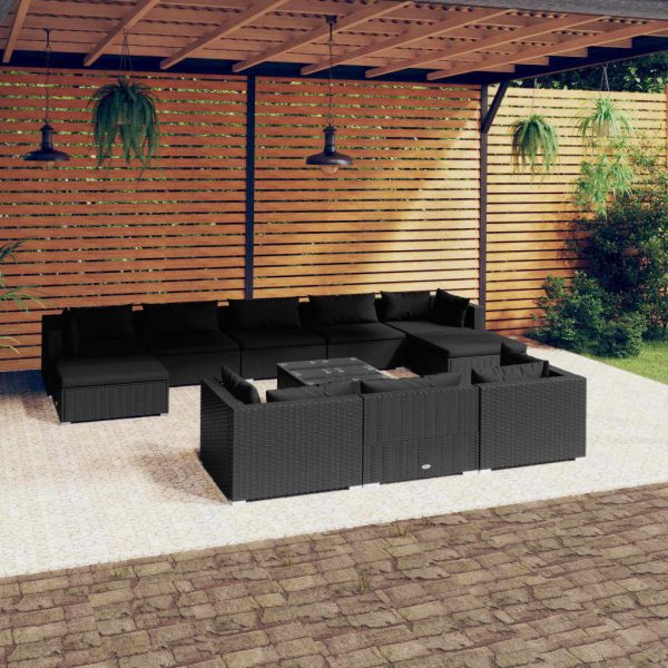 Garden Lounge Set with Cushions Black Poly Rattan