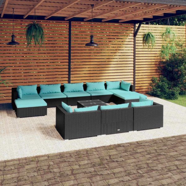 Garden Lounge Set with Cushions Black Poly Rattan