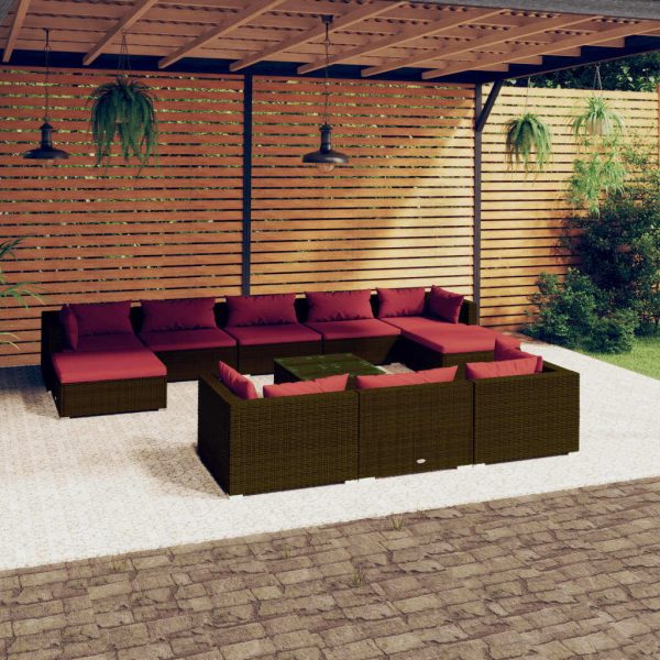 Garden Lounge Set with Cushions Brown Poly Rattan