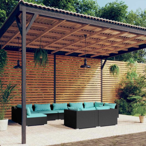 Garden Lounge Set with Cushions Black Poly Rattan