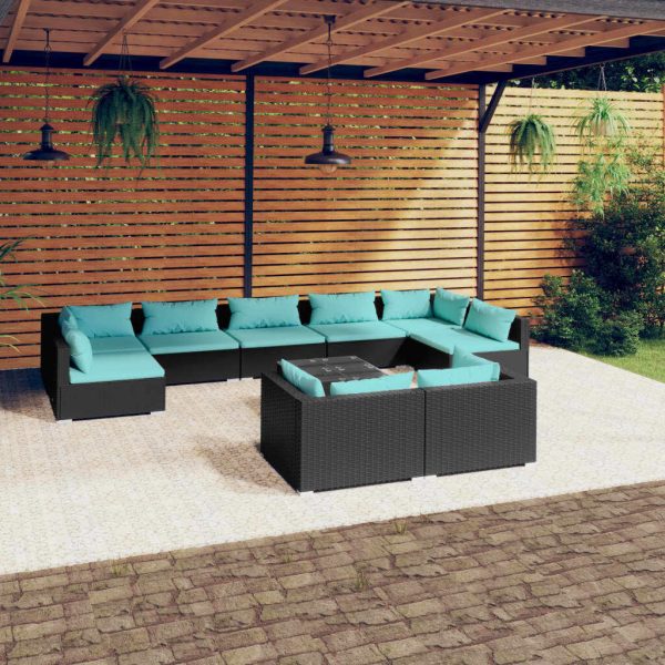 Garden Lounge Set with Cushions Black Poly Rattan