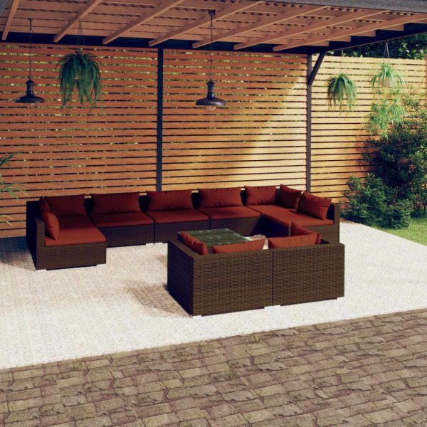 Garden Lounge Set with Cushions Brown Poly Rattan