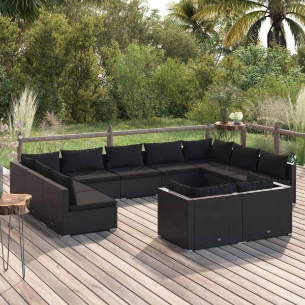 Garden Lounge Set with Cushions Black Poly Rattan