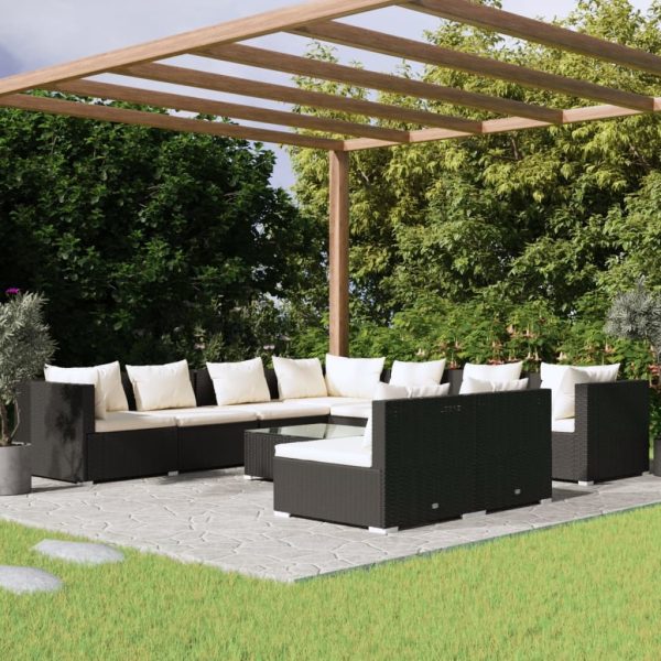 Garden Lounge Set with Cushions Black Poly Rattan