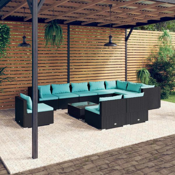 Garden Lounge Set with Cushions Poly Rattan Black