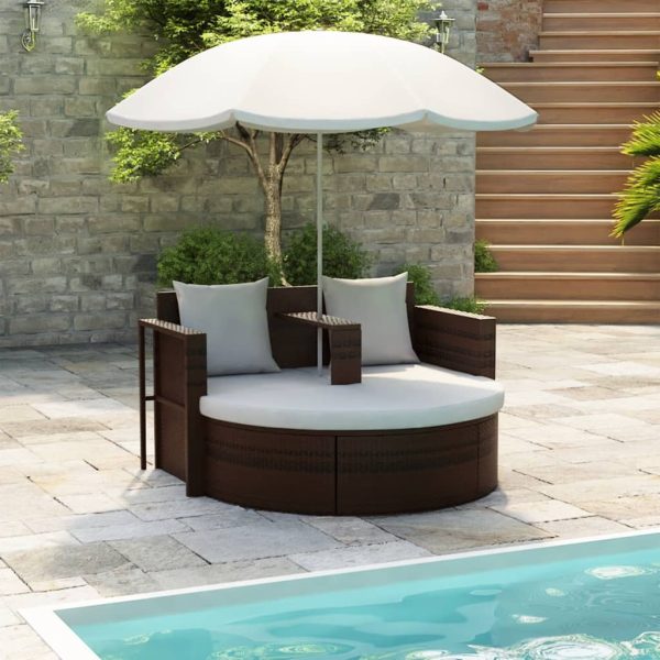 Garden Bed with Parasol Poly Rattan – Brown