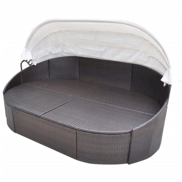 Outdoor Lounge Bed with Canopy Poly Rattan – Brown