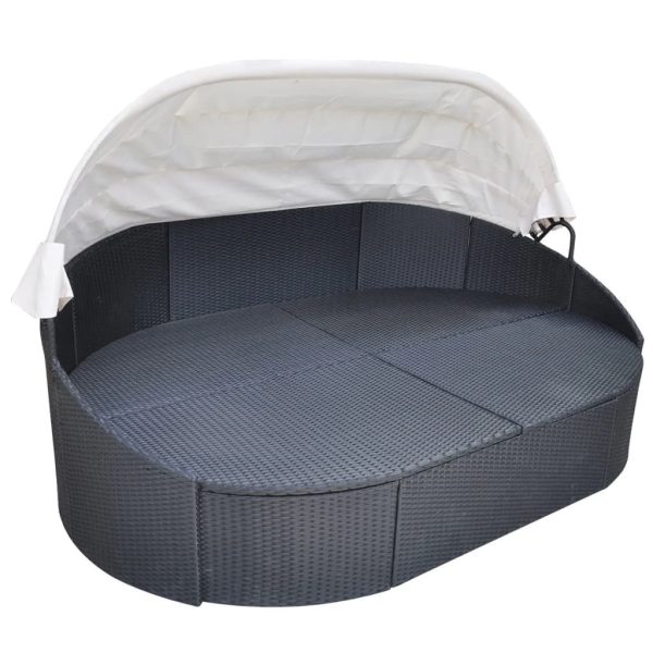 Outdoor Lounge Bed with Canopy Poly Rattan – Black