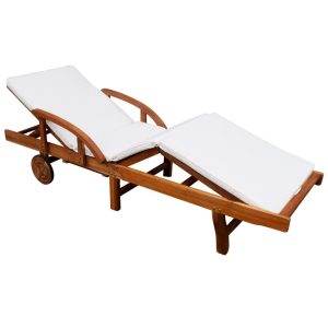 Sun Lounger with Cushion Solid Acacia Wood – Cream