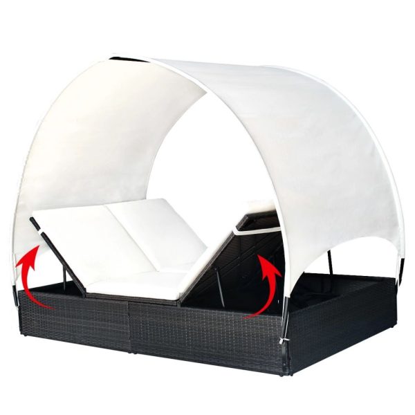 Double Sun Lounger with Canopy Poly Rattan – Black