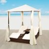 Double Sun Lounger with Curtains Poly Rattan – Brown