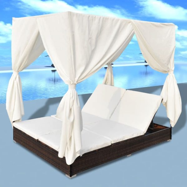 Outdoor Lounge Bed with Curtains Poly Rattan – Brown