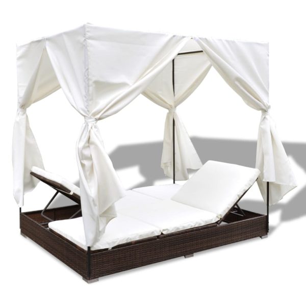 Outdoor Lounge Bed with Curtains Poly Rattan – Brown