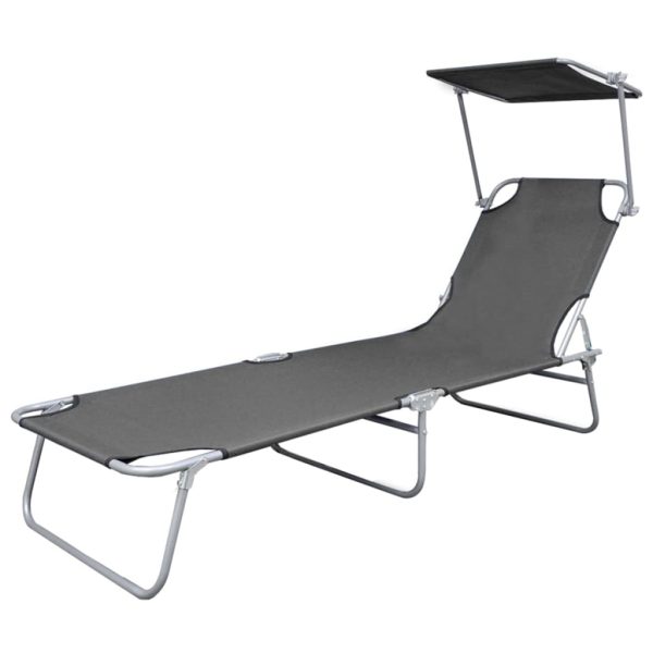 Folding Sun Lounger with Canopy Steel and Fabric – Grey