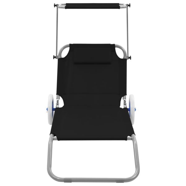 Folding Sun Lounger with Canopy and Wheels Steel – Black