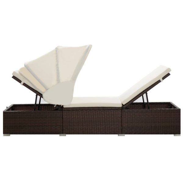 Sun Lounger with Canopy and Cushion Poly Rattan – Brown