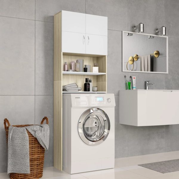 Washing Machine Cabinet 64×25.5×190 cm Engineered Wood – White and Sonoma Oak