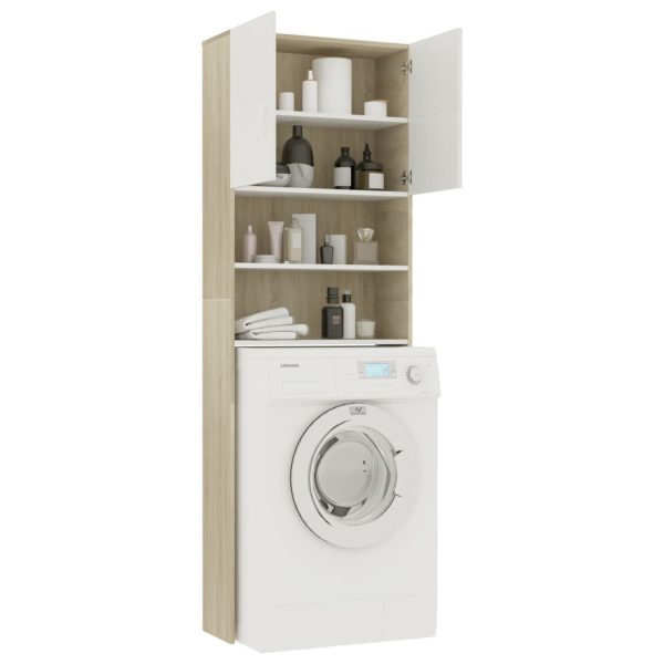 Washing Machine Cabinet 64×25.5×190 cm Engineered Wood – White and Sonoma Oak