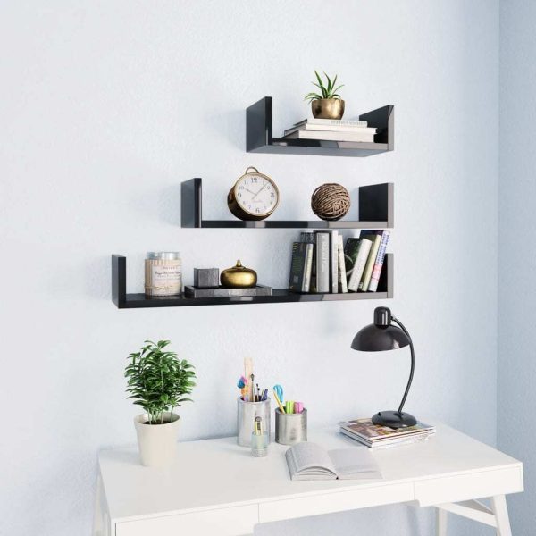 Wall Display Shelf 3 pcs Engineered Wood – High Gloss Black