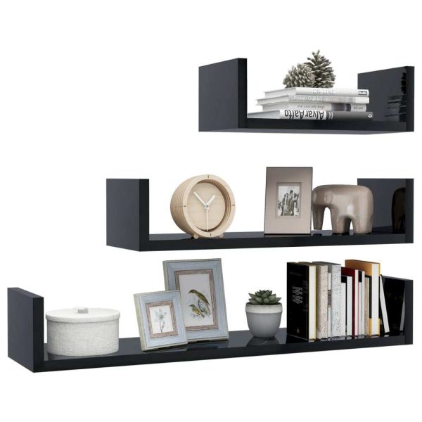 Wall Display Shelf 3 pcs Engineered Wood – High Gloss Black