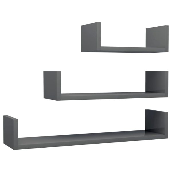 Wall Display Shelf 3 pcs Engineered Wood – High Gloss Grey