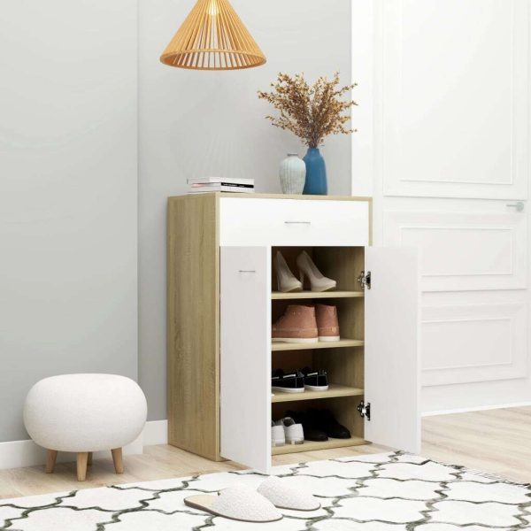 Shoe Cabinet 60x35x84 cm Engineered Wood – White and Sonoma Oak