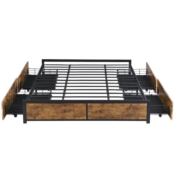 Metal Bed Frame Mattress Base Platform Wooden 4 Drawers King Rustic