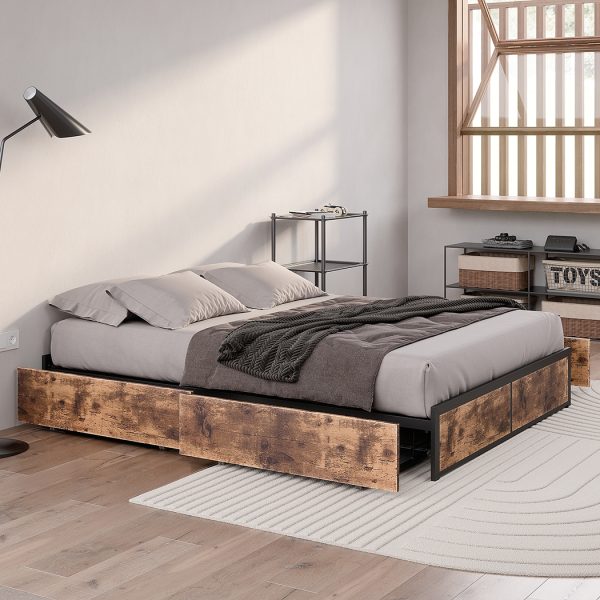 Metal Bed Frame Mattress Base Platform Wooden 4 Drawers King Rustic