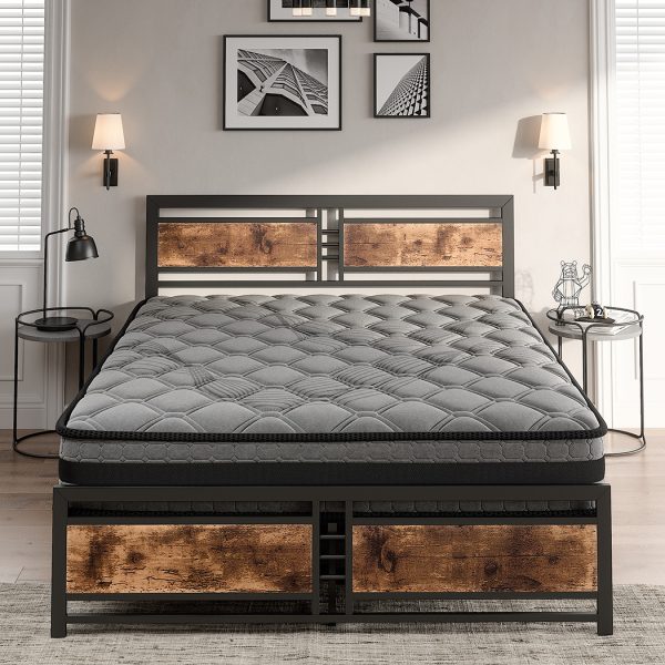 Metal Bed Frame Mattress Base Set Wood King Double Queen Pocket Spring HD Foam D