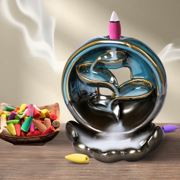 Incense Burner Rounded Waterfall Smoke Backflow Ceramic Cone Holder + 198 Cones