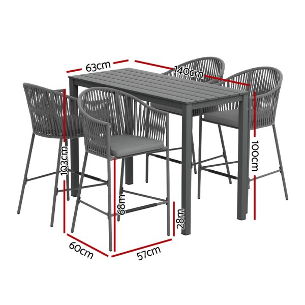 5-Piece Outdoor Bar Set Dining Table Rope Chair Patio Bistro Set