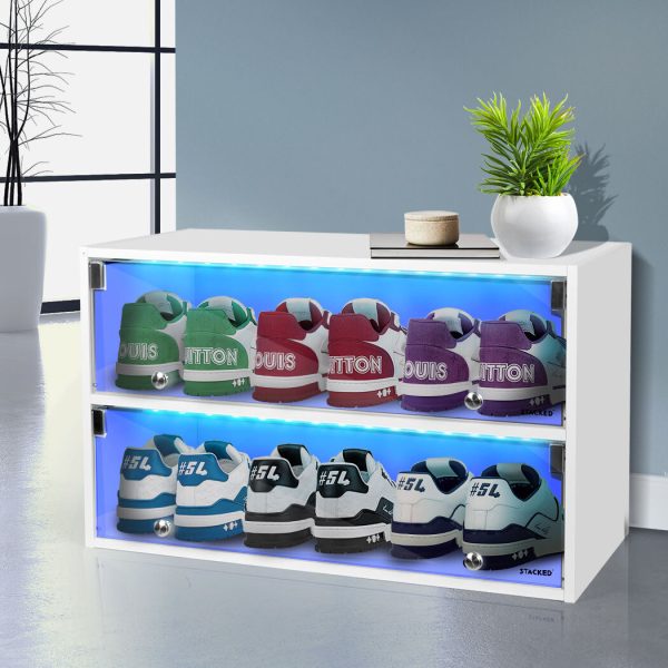 Shoes Storage Cabinet LED Sneaker Display Case Stackable Rack Lighted