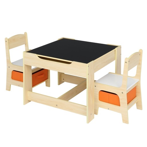 3PCS Kids Table and Chairs Set with Black Chalkboard (White) EK-KTCS-100-RHH