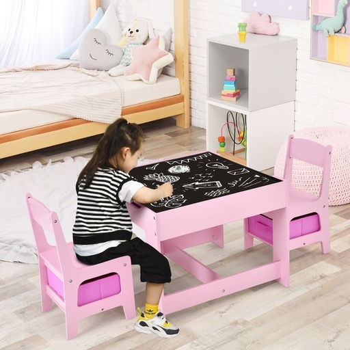 3PCS Kids Table with Lego Baseplate and Chairs Set with Black Chalkboard (Pink)