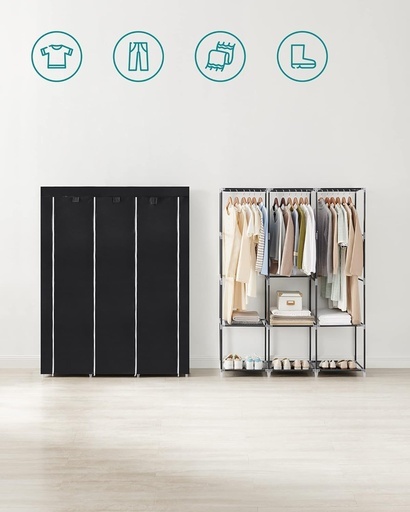 Clothes Wardrobe Portable Closet with Cover and 3 Hanging Rails Black RYG092B02